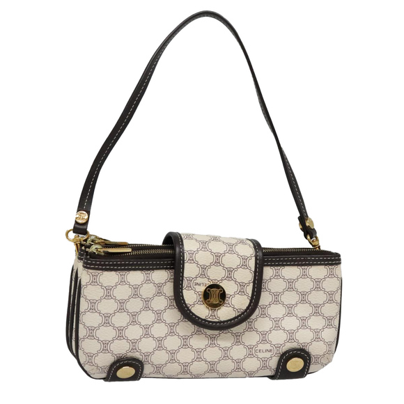 CELINE Macadam Canvas Accessory Pouch PVC Leather White Gold Auth 93826AV - Picture 1 of 16